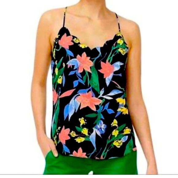 J. Crew Women's Black Floral Criss Cross Scallop Halter Top Tank Blouse - Picture 1 of 6